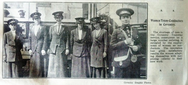Clipping from 1915 Coventry Graphic showing women tram conductors.